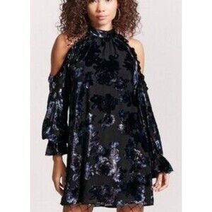FOREVER 21 CRUSHED VELVET FLORAL BURNOUT DROPPED SLEEVE COLD SHOULDER MINI DRESS
